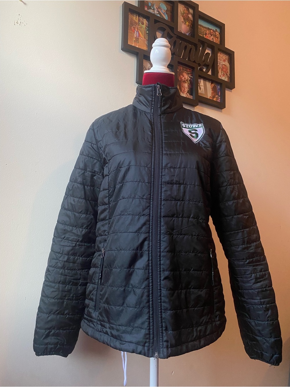 Women's Black Quilted Puffer Jacket with Stowe Vermont Badge